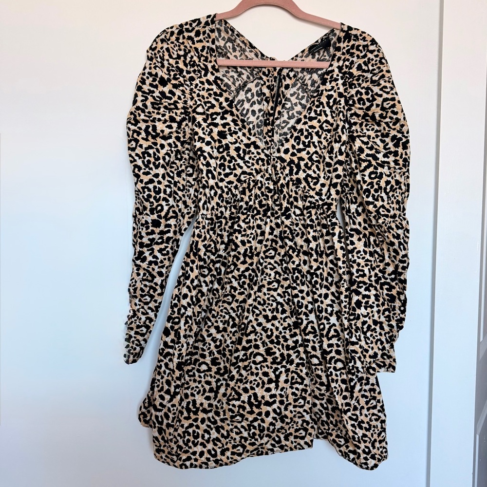ASOS US Size 4 Leopard Printed Long Sleeve Mini Dress Deep Neckline Grunge Punk